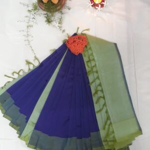 Blue and Green color Handloom Bamboo Cotton Saree