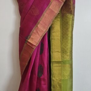 Cotton blended with raw Silk, Pink color -Surai pattern butis handloom saree with Zari border