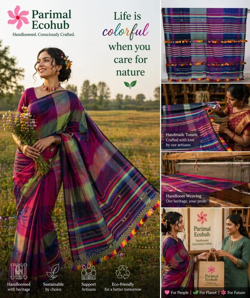 Bhujodi Kala Cotton Multicolor Handloom Saree with handcrafted embroidery designs