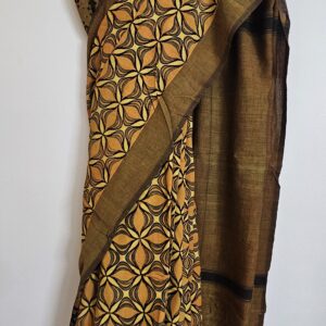 Ajrakh Saree hand block printed with natural dyes in shades of yellow