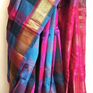 Cotton blended with raw Silk, Madras chequered Handloom saree with Golden Zari border-Pink Blue