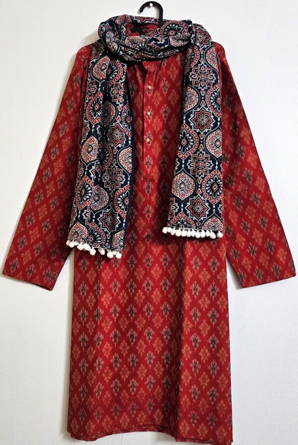 Ajrakh Print Blue and Red Color Naturally Dyed Geometric Pattern Stole with tussles - Image 8