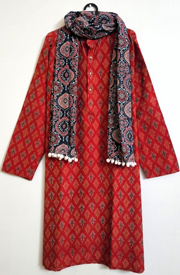 Ajrakh Print Blue and Red Color Naturally Dyed Geometric Pattern Stole with tussles - Image 6