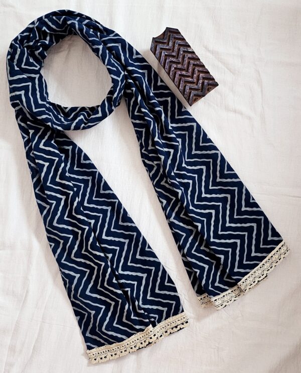 Ajrakh Print Indigo Color Naturally Dyed Wavy Pattern Stole - Image 3