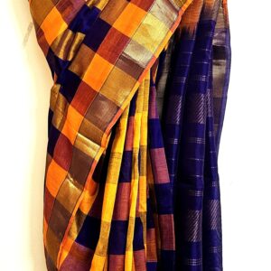 Cotton blended with raw Silk, Madras chequered handloom saree with Zari border-Yellow Blue