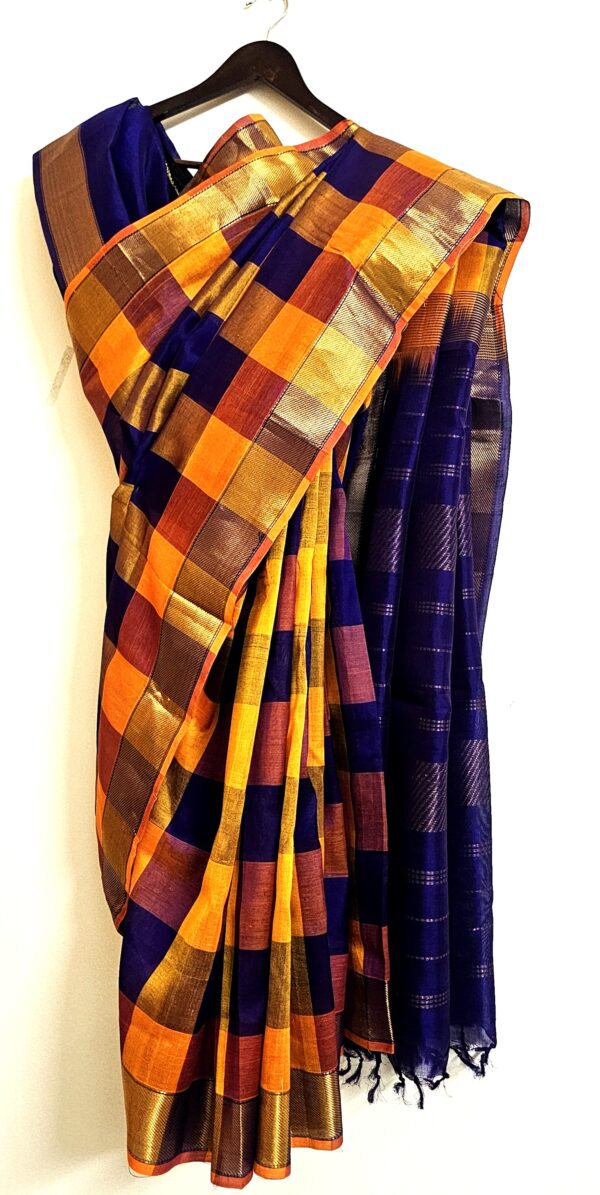 Cotton blended with raw Silk, Madras chequered handloom saree with Zari border-Yellow Blue