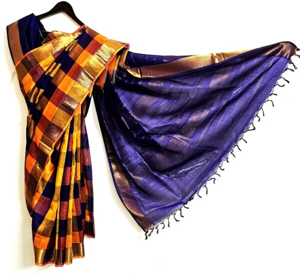 Cotton blended with raw Silk, Madras chequered handloom saree with Zari border-Yellow Blue - Image 7