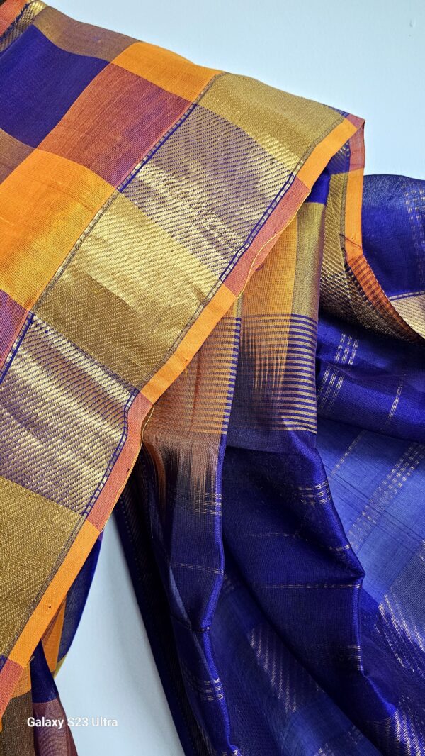 Cotton blended with raw Silk, Madras chequered handloom saree with Zari border-Yellow Blue - Image 8