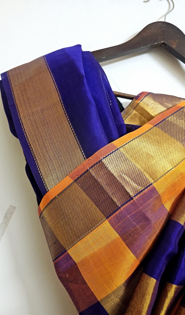 Cotton blended with raw Silk, Madras chequered handloom saree with Zari border-Yellow Blue - Image 5