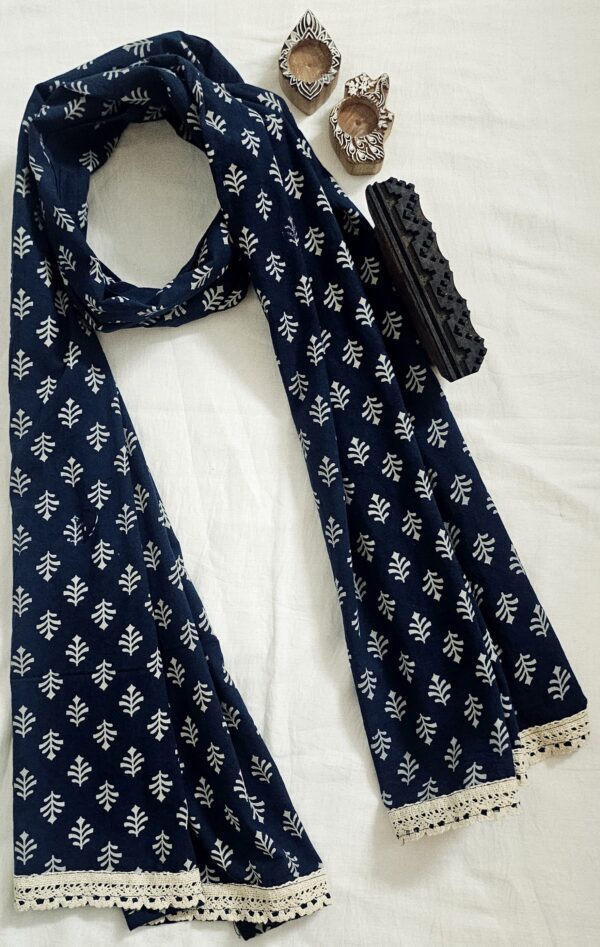 Parimal EcoHub | Cotton Stole | Ajrakh Print | Naturally Dyed Shades of Blue | Buti Pattern | Cream Lace - Image 8