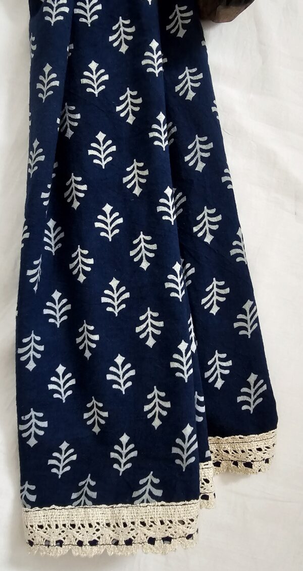 Parimal EcoHub | Cotton Stole | Ajrakh Print | Naturally Dyed Shades of Blue | Buti Pattern | Cream Lace - Image 10