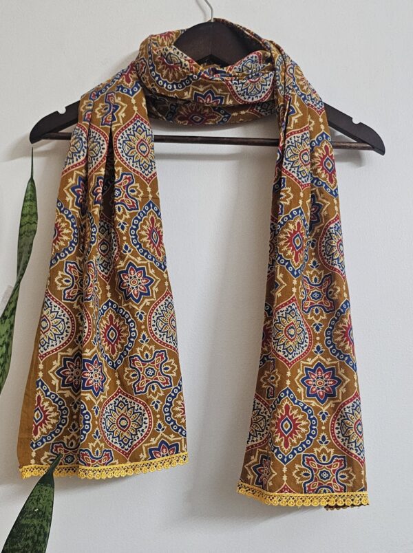 Parimal EcoHub | Cotton Stole | Ajrakh Print | Naturally Dyed Shades of Yellow and Red Color | Geometric Pattern | Yellow Lace