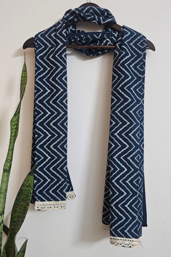 Ajrakh Print Indigo Color Naturally Dyed Wavy Pattern Stole