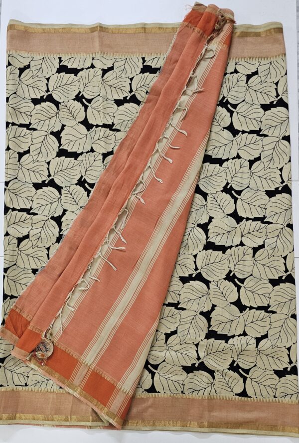 Saree | Handloom-Mangalgiri | Naturally Dyed | Hand Block Printed | Leaf Pattern - Image 2
