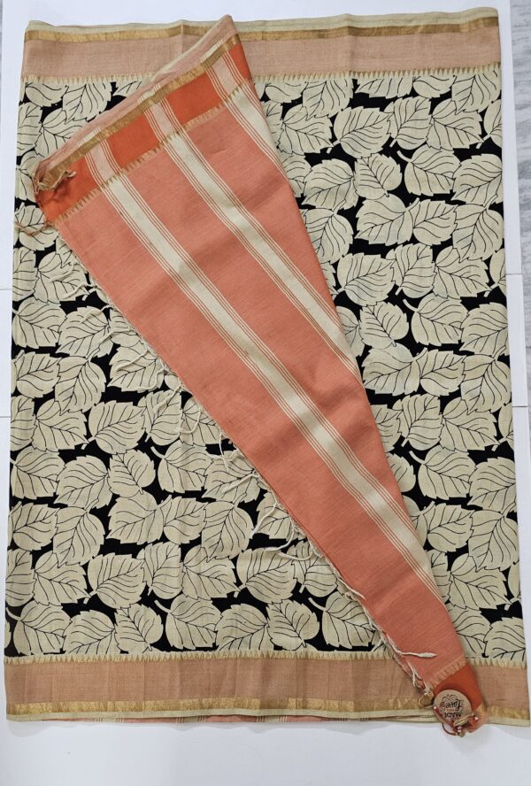 Saree | Handloom-Mangalgiri | Naturally Dyed | Hand Block Printed | Leaf Pattern - Image 4