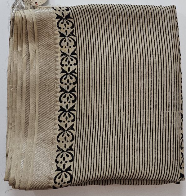 Saree | Handloom-Mangalgiri | Naturally Dyed | Hand Block Printed | Kalamkari Pattern with Lines - Image 3
