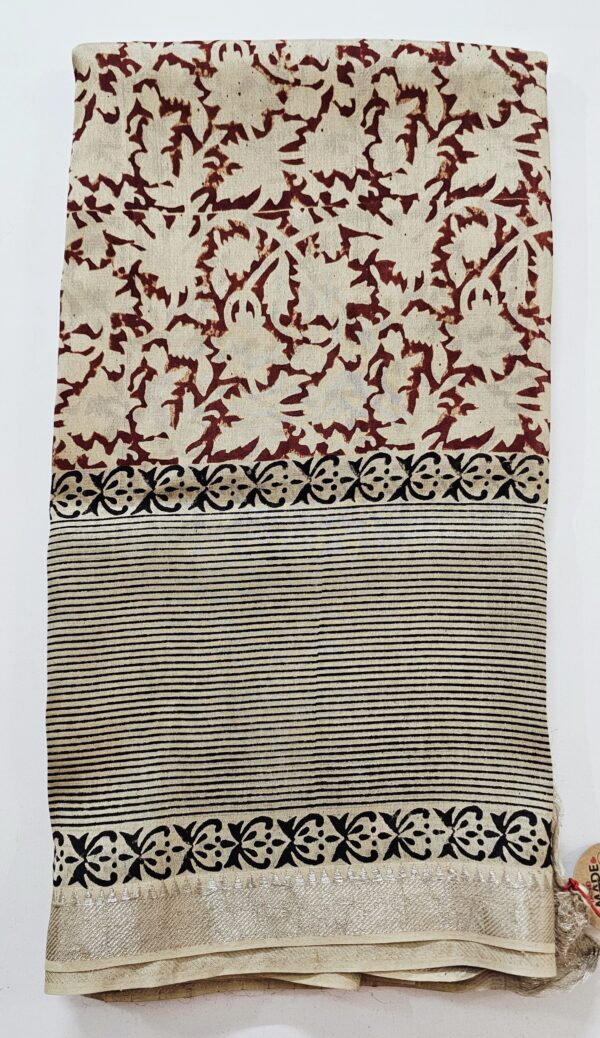 Saree | Handloom-Mangalgiri | Naturally Dyed | Hand Block Printed | Kalamkari Pattern with Lines