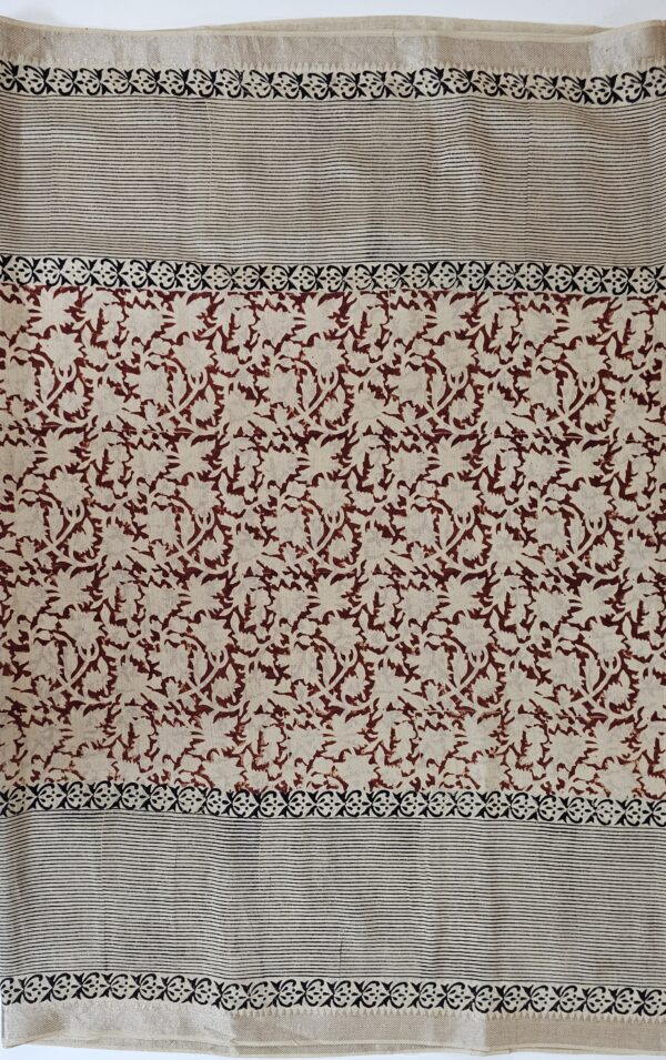 Saree | Handloom-Mangalgiri | Naturally Dyed | Hand Block Printed | Kalamkari Pattern with Lines - Image 7