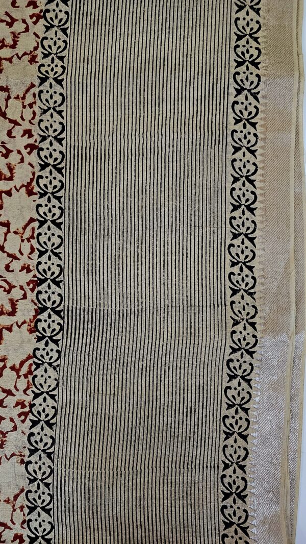 Saree | Handloom-Mangalgiri | Naturally Dyed | Hand Block Printed | Kalamkari Pattern with Lines - Image 8