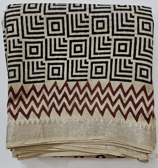 Saree | Handloom-Mangalgiri | Naturally Dyed | Hand Block Printed | Zig-Zag Pattern with Bundi Design - Image 4