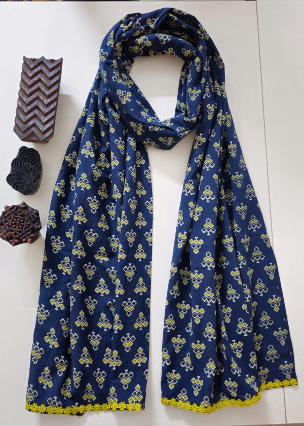 Parimal EcoHub | Cotton Stole | Ajrakh Print | Naturally Dyed Shades of Blue and Green Color | Buti Pattern