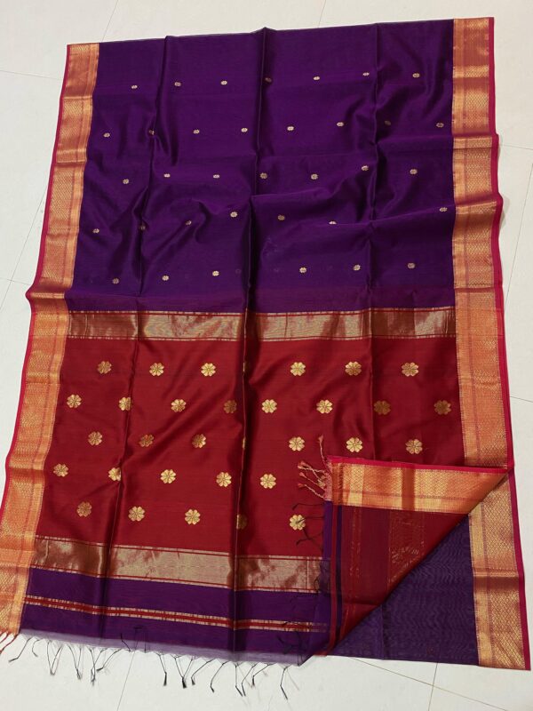 Maheshwari Cotton Silk blend Handloom saree - Purple Red color Saree with Golden Buti