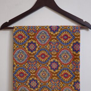 Ajrakh Print | Geometric Pattern| Naturally Dyed| Soft Cotton | Shade of yellow and Red Color Fabric