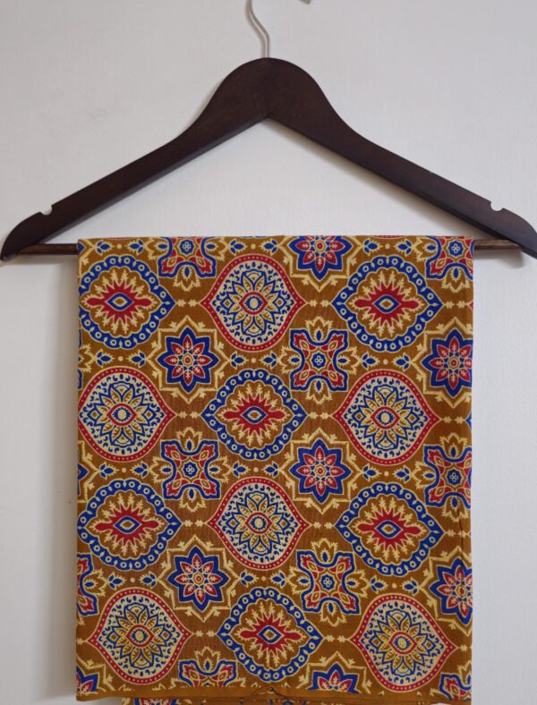Ajrakh Print | Geometric Pattern| Naturally Dyed| Soft Cotton | Shade of yellow and Red Color Fabric