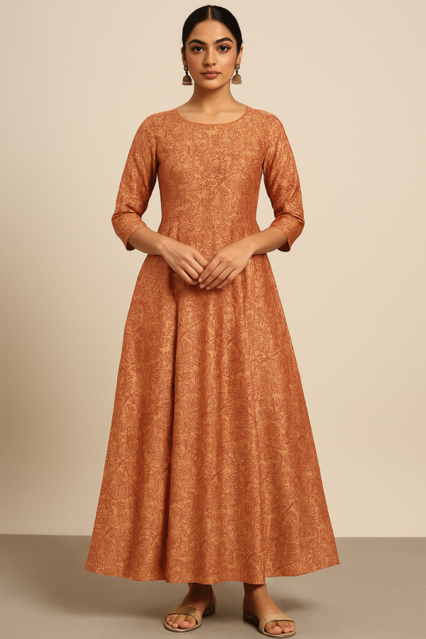 Hand Block Printed | Modal Silk Fabric | Tangy Orange Colour | Red Colour Floral Pattern - Image 4