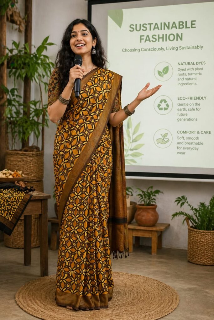Ajrakh Saree hand block printed with natural dyes in shades of yellow