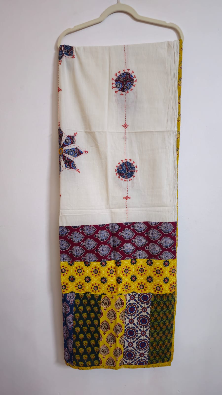 Parimal EcoHub | Cotton Dupatta | Cream Colour | Hand Embroidery | PatchWork | Yellow Border - Image 3