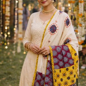 Parimal EcoHub | Cotton Dupatta | Cream Colour | Hand Embroidery | PatchWork | Yellow Border
