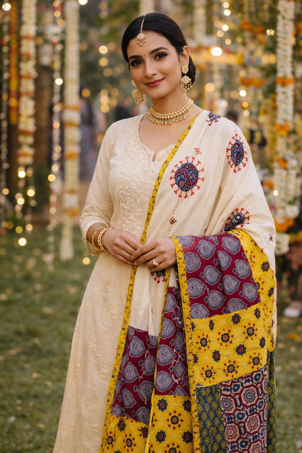 Parimal EcoHub | Cotton Dupatta | Cream Colour | Hand Embroidery | PatchWork | Yellow Border