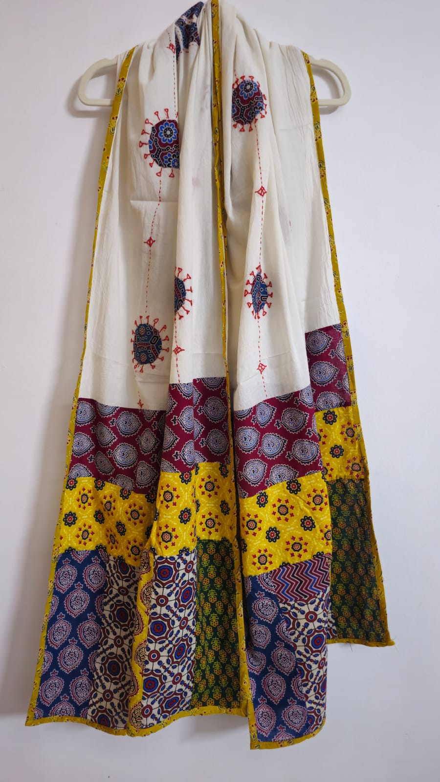 Parimal EcoHub | Cotton Dupatta | Cream Colour | Hand Embroidery | PatchWork | Yellow Border - Image 2
