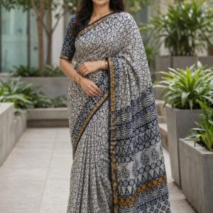 Naturally dyed, Hand block printed, Indigo color, Khadi cotton saree