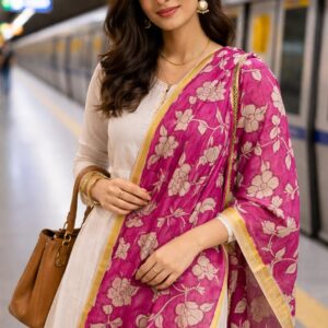 Parimal EcoHub | Cotton-Silk Stole | Kalamkari | Pink Colour | Floral Pattern | Golden Border