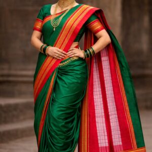 Parimal EcoHub | ArtSilk-Cotton (SiCo)  9-Yard Saree | HandLoom | Green | Red Border
