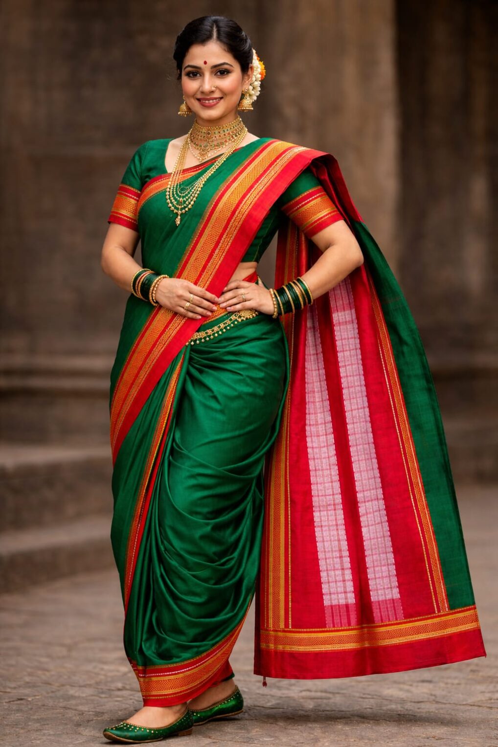 Parimal EcoHub | ArtSilk-Cotton (SiCo) 9-Yard Saree | HandLoom | Green | Red Border