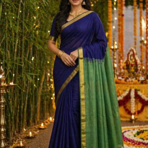 Bamboo Fibre and silk blend Handloom Saree in shades of blue and green